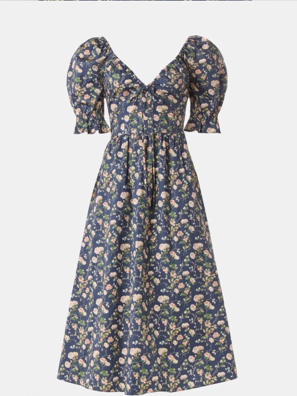Women's Navy Floral Puff-Sleeve Midi Dress